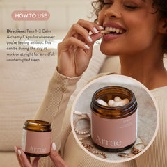 Arrae Calm label ingredients focusing on L-Theanine, Inositol, Passionflower, Magnesium.