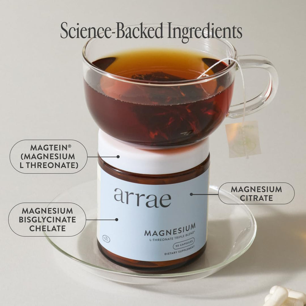 Arrae magnesium capsules packaging shown for everyday wellness and relaxation