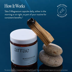 Arrae magnesium supplement bottle closeup highlighting the bioavailable blend for daily calming effects