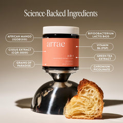 Arrae MB-1 label detail showcasing ingredients like Grains of Paradise