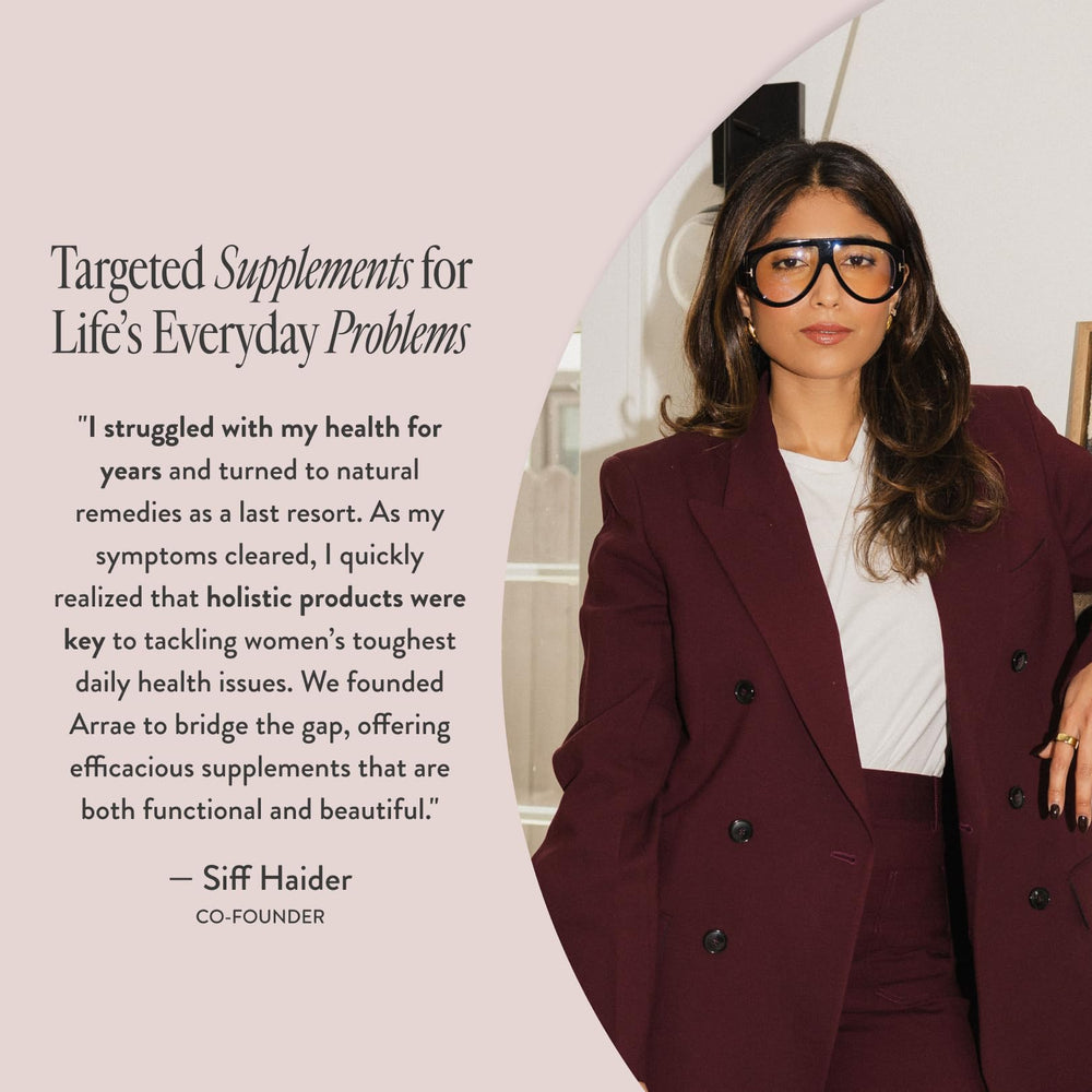 Arrae packaging on eco-friendly box highlighting natural ingredients.