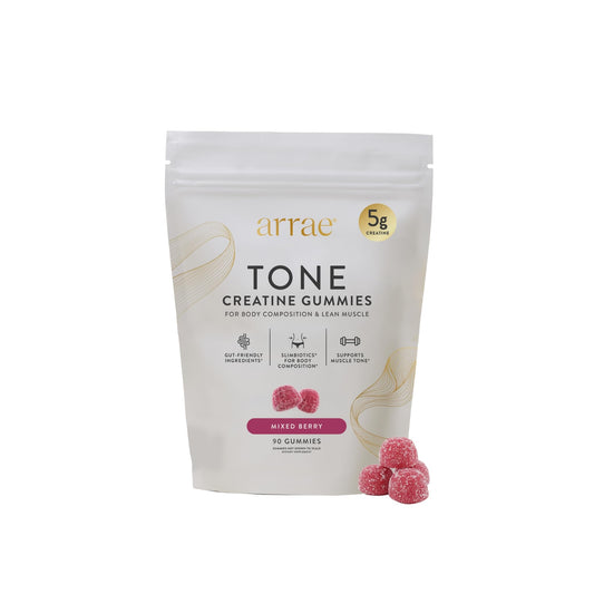 Arrae Tone bottle with gummies for lean muscle support during workouts.