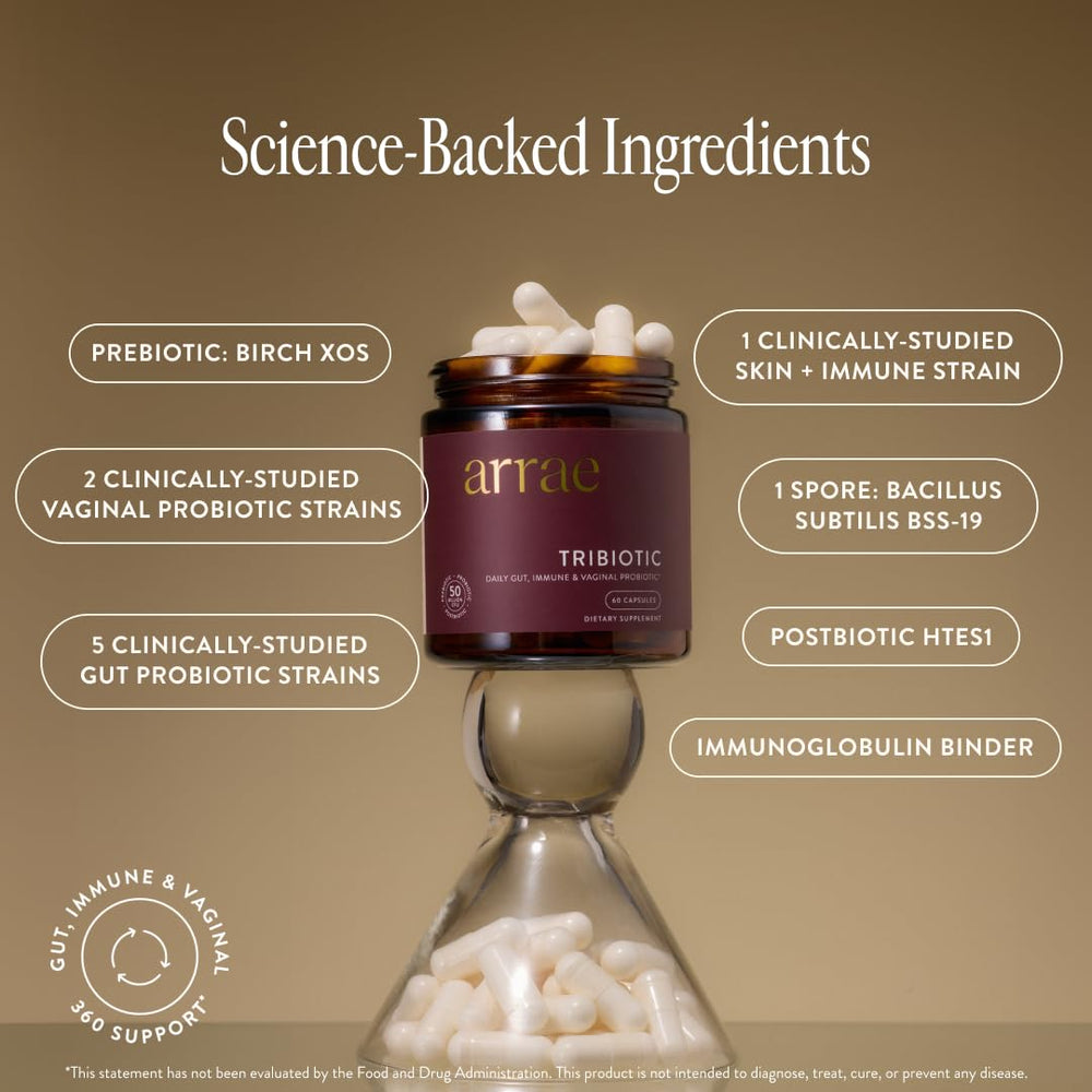 Arrae Tribiotic capsules close-up emphasizing the probiotic blend for gut health