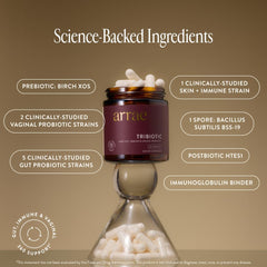Arrae Tribiotic capsules close-up emphasizing the probiotic blend for gut health