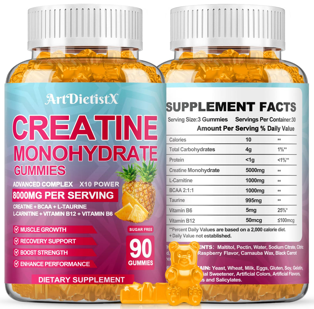 ArtDietistX Creatine Gummies pineapple bottle for convenient pre-workout energy.