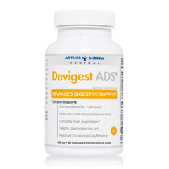Arthur Andrew Medical Devigest packaging front emphasizes concentrated formula for digestion support