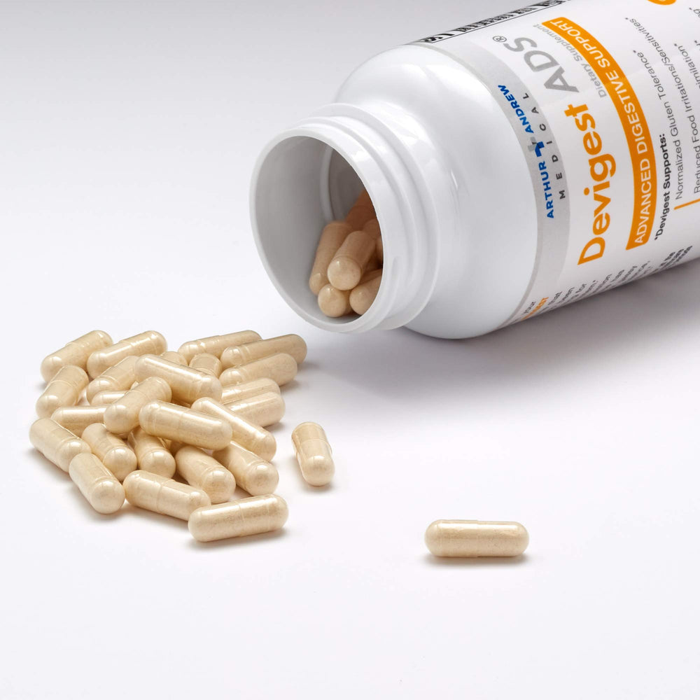 Arthur Andrew Medical Devigest tablet bottle image showcases targeted digestive support with meals
