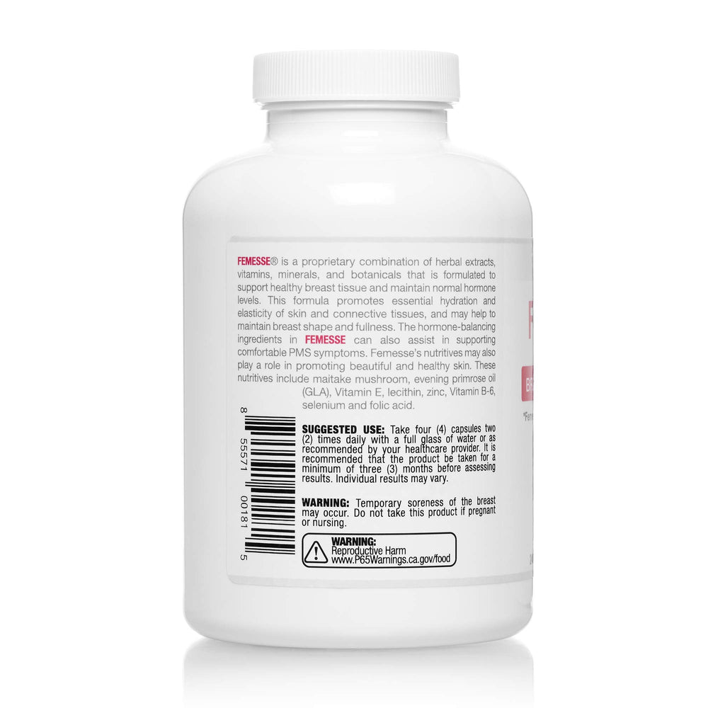 Close-up of ingredients label on Femesse bottle for transparent nutrition