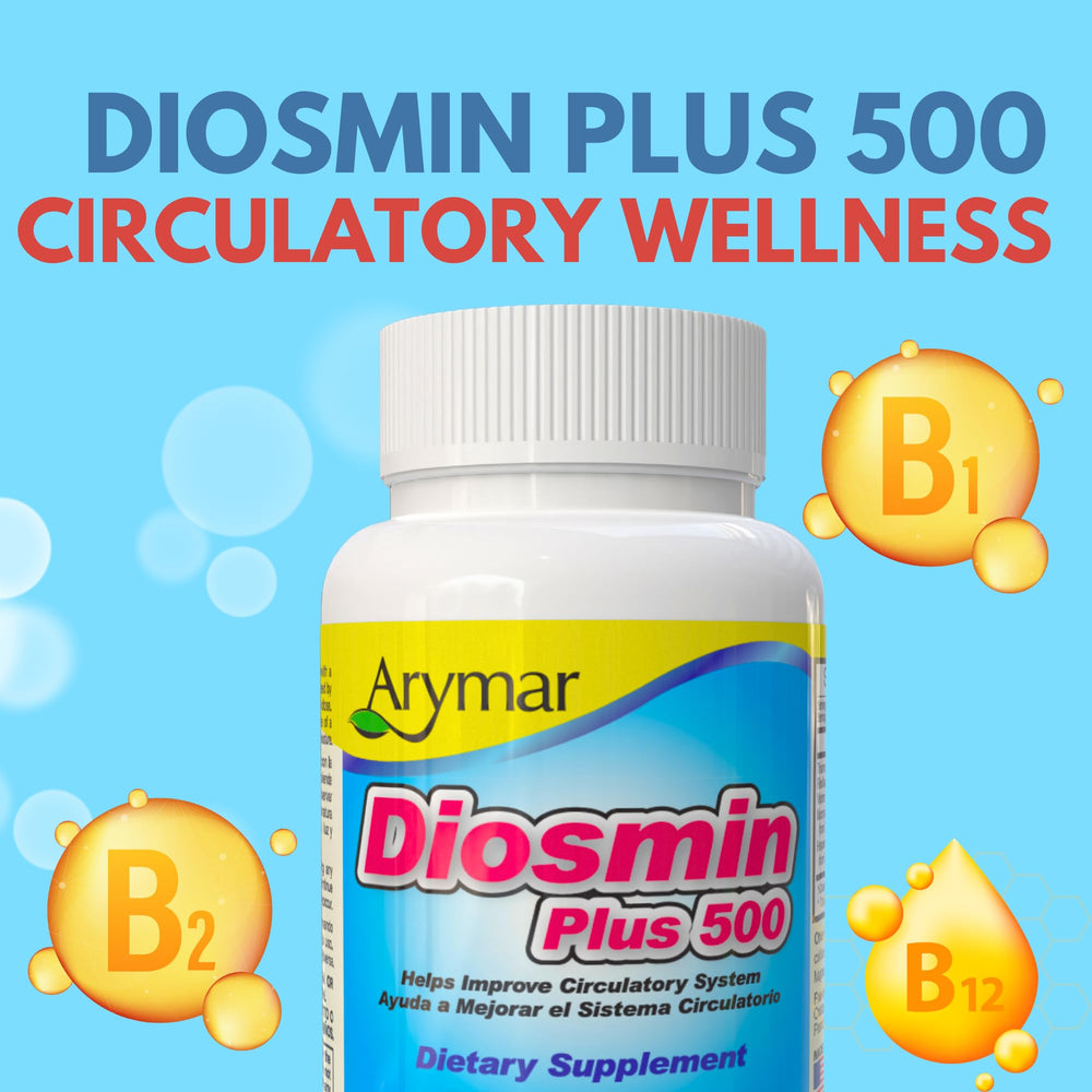 Arymar Diosmin Plus 500 bottle back label shows dosage and ingredients.