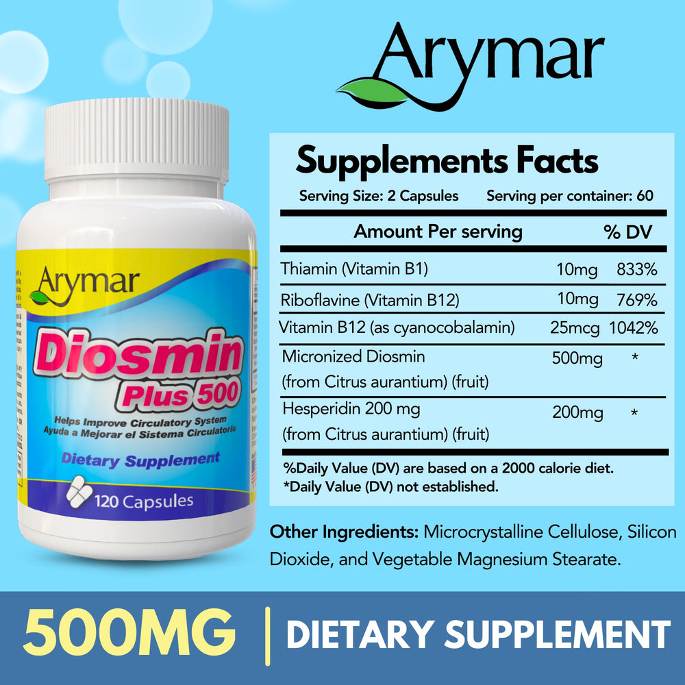 Arymar Diosmin Plus 500 packaging detail highlights premium formulation.