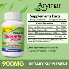 Arymar Diosmin Plus 900 dosage instruction closeup showing capsule routine.