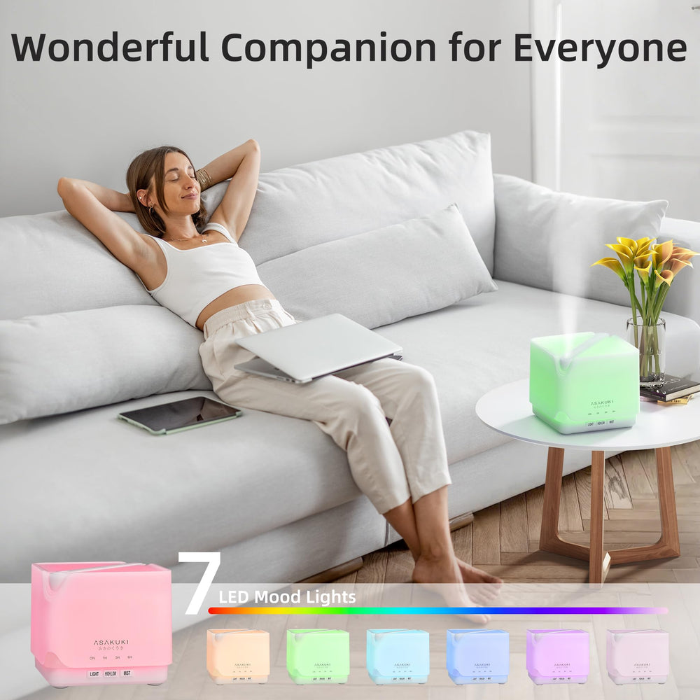 ASAKUKI diffuser showing seven LED color options for mood lighting.