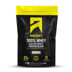 Ascent 100% Whey Vanilla Bean container promotes clean post-workout fuel.