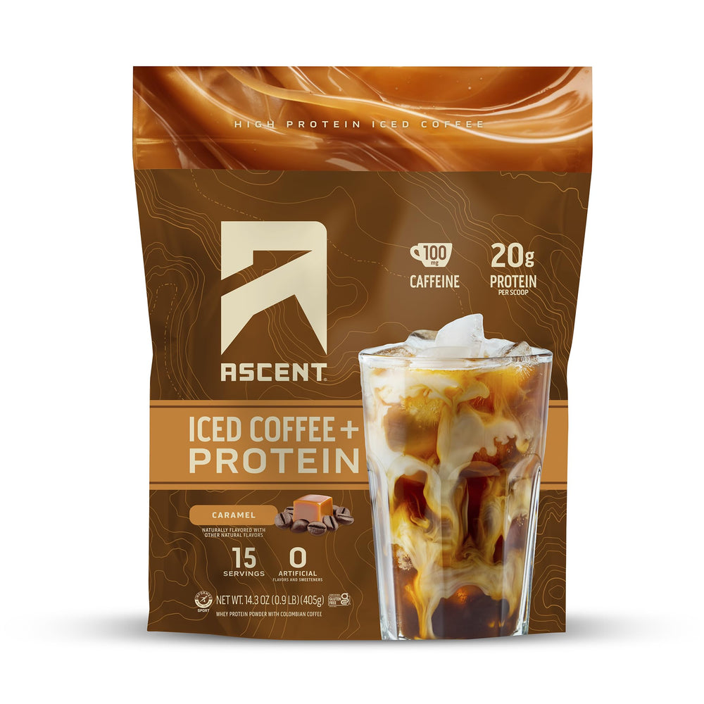 Ascent Caramel Iced Coffee Protein Powder jar for a protein boost per serving.