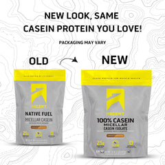 Ascent Casein Protein Powder scoop beside tub, convenient serving for high-protein snacks.