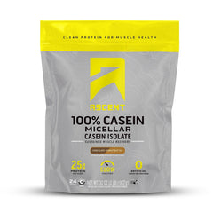 Ascent Casein Protein Powder tub in chocolate peanut butter flavor supports overnight recovery.