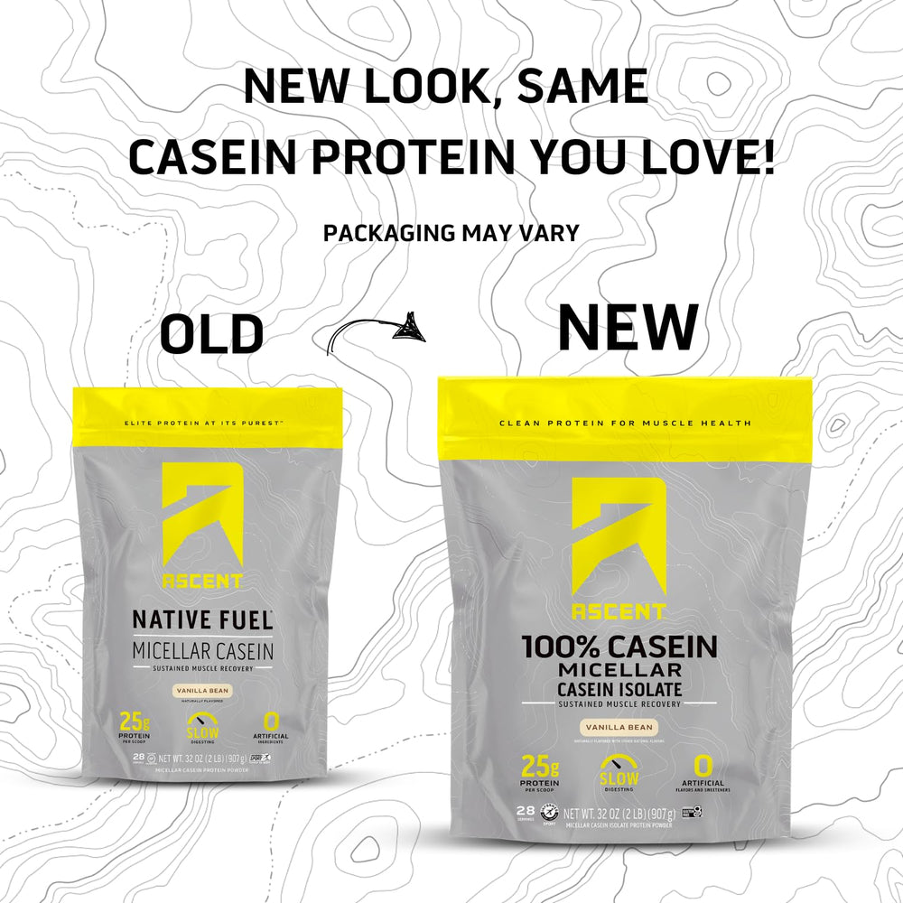 Close-up of Ascent Casein Vanilla Bean label highlighting gluten-free features