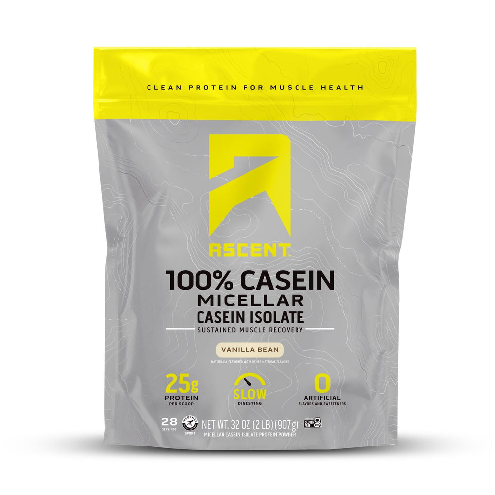 Ascent Casein Vanilla Bean powder in a jar for recovery and daily protein