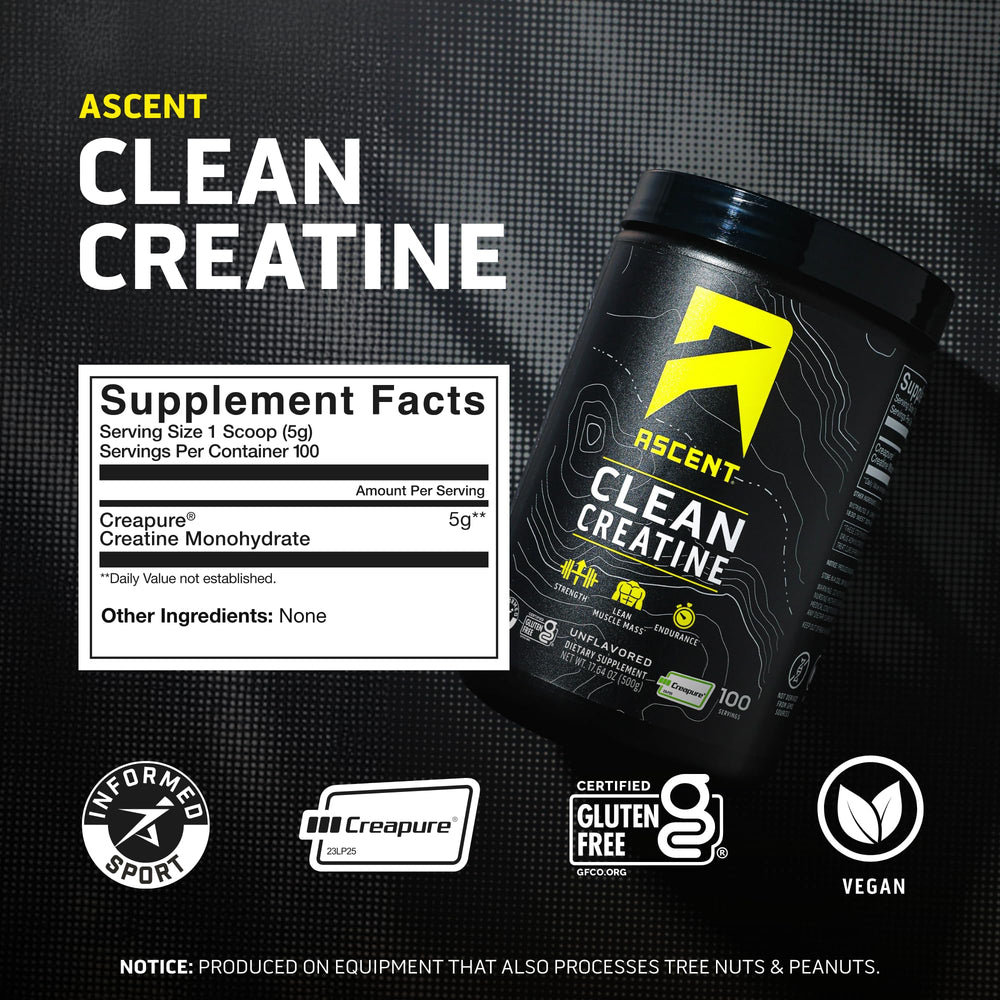 Ascent Clean Creatine powder pouring into a shaker for workouts