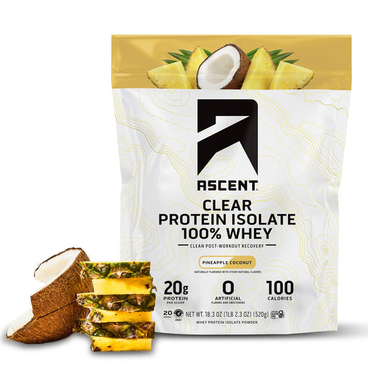 Ascent Clear Whey bottle pour highlights a refreshing post-workout drink