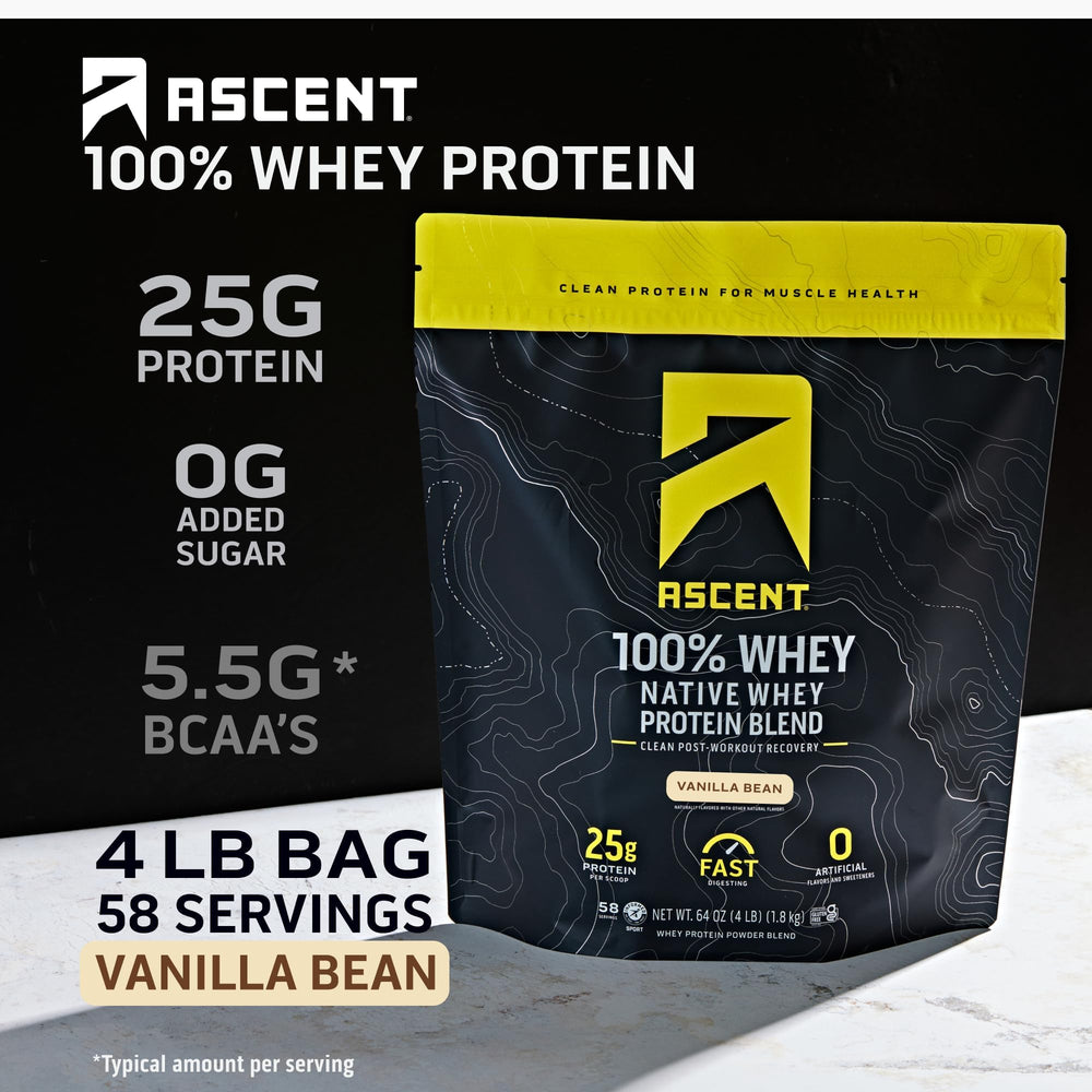 Ascent native whey scoop beside powder for quick shakes