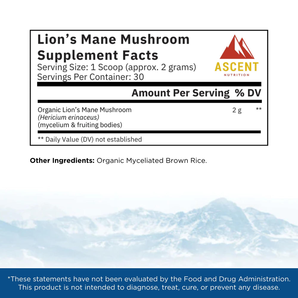 Ascent Nutrition Lion's Mane powder scoop for precise daily dosing and focus