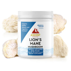 Ascent Nutrition Organic Lion's Mane powder in a jar suggesting cognitive support