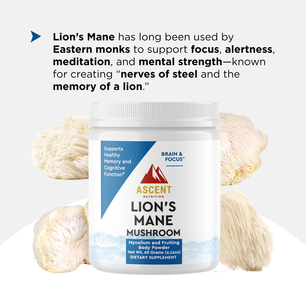 Ascent Nutrition packaging highlights USA-grown organic Lion's Mane powder