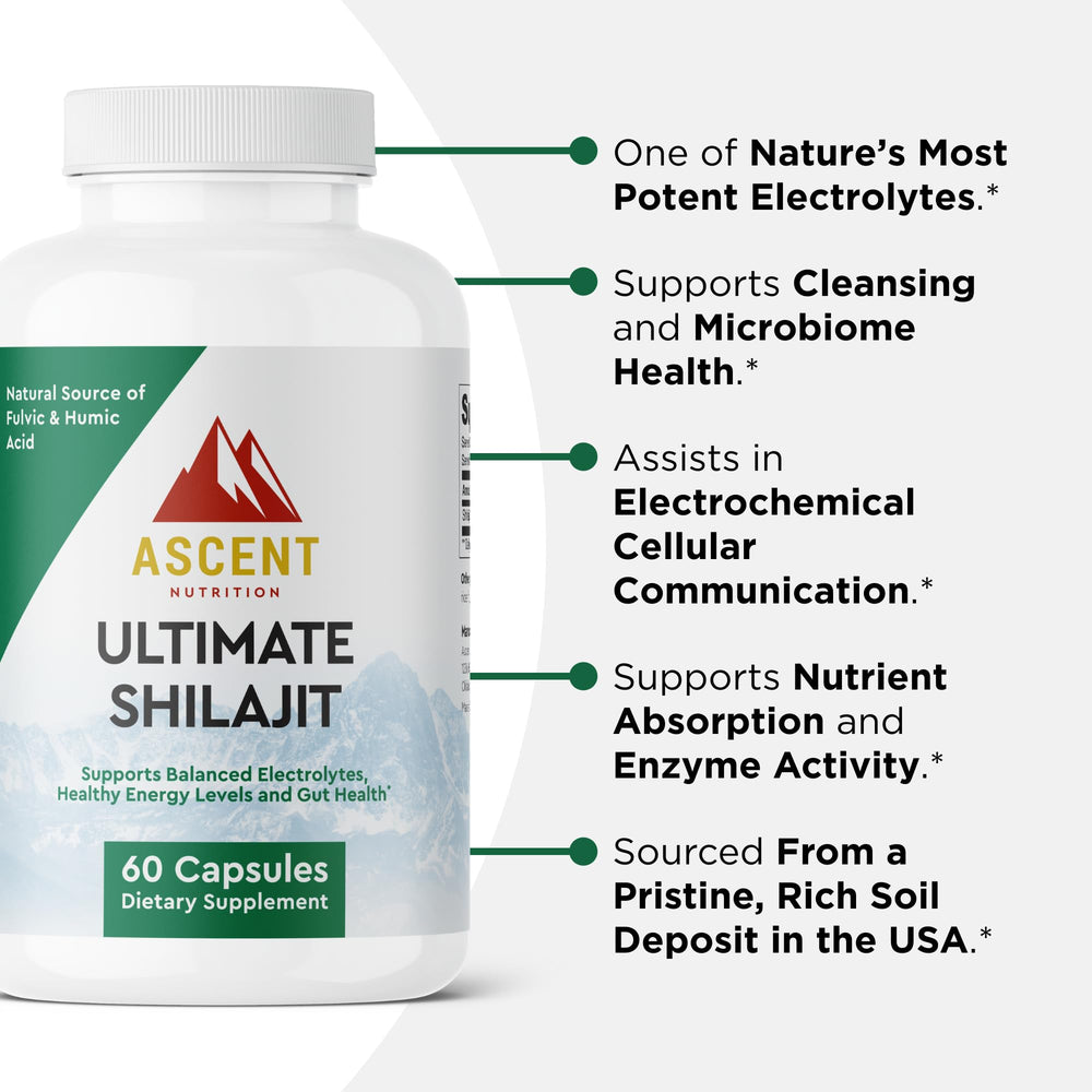 Ascent Nutrition Ultimate Shilajit capsules closeup label shows ingredients and purity