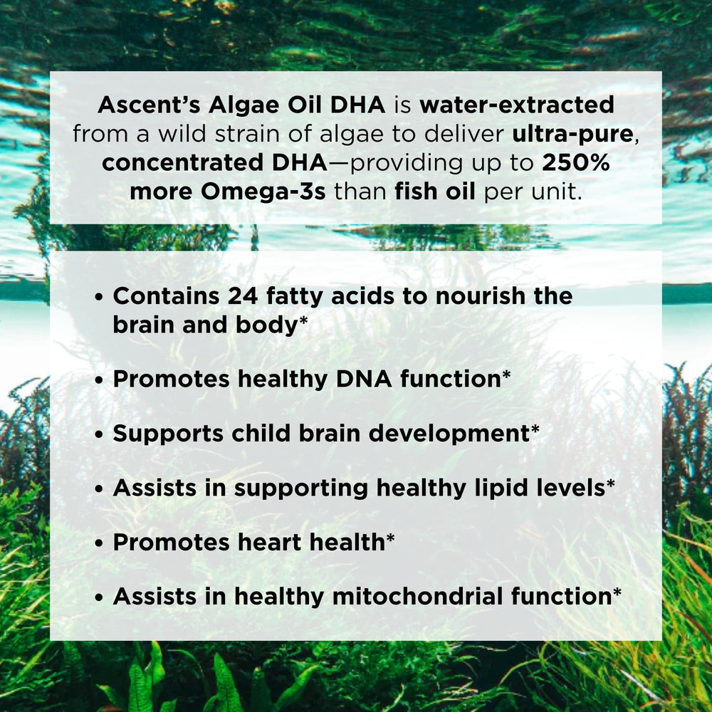 Ascent Nutrition water-extraction process highlighting pure algae-derived DHA and EPA.