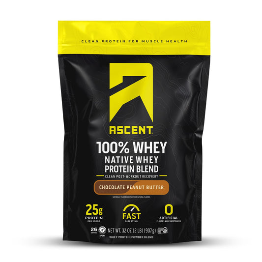 Ascent 100% Whey Chocolate Peanut Butter bag showing a clean post-workout option.