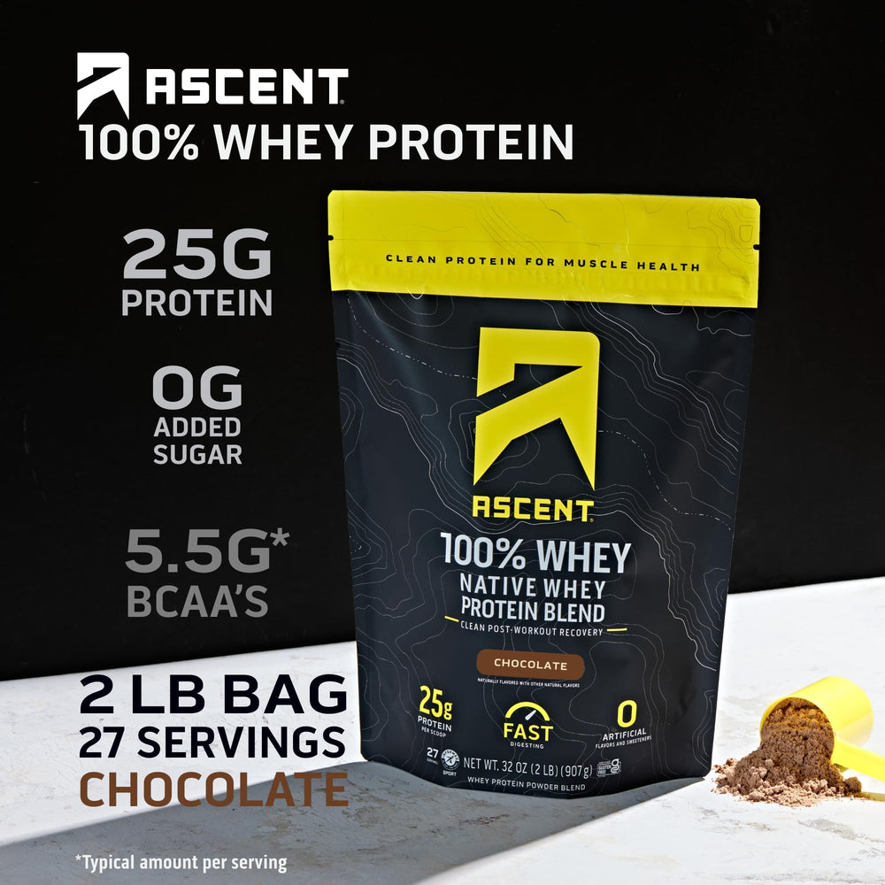 Ascent whey powder being poured for fast-absorbing post-workout nutrition