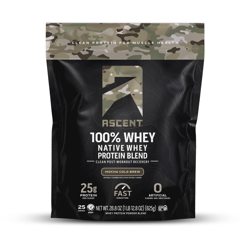 Ascent Mocha Cold Brew whey protein powder tub on a countertop