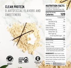 Ascent whey powder being mixed in glass shows smooth texture without artificial flavors.