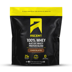 Ascent whey protein powder tub front view highlighting pure protein quality