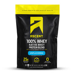 Ascent 100% Whey Protein unflavored powder in a jar ideal for post-workout fuel.