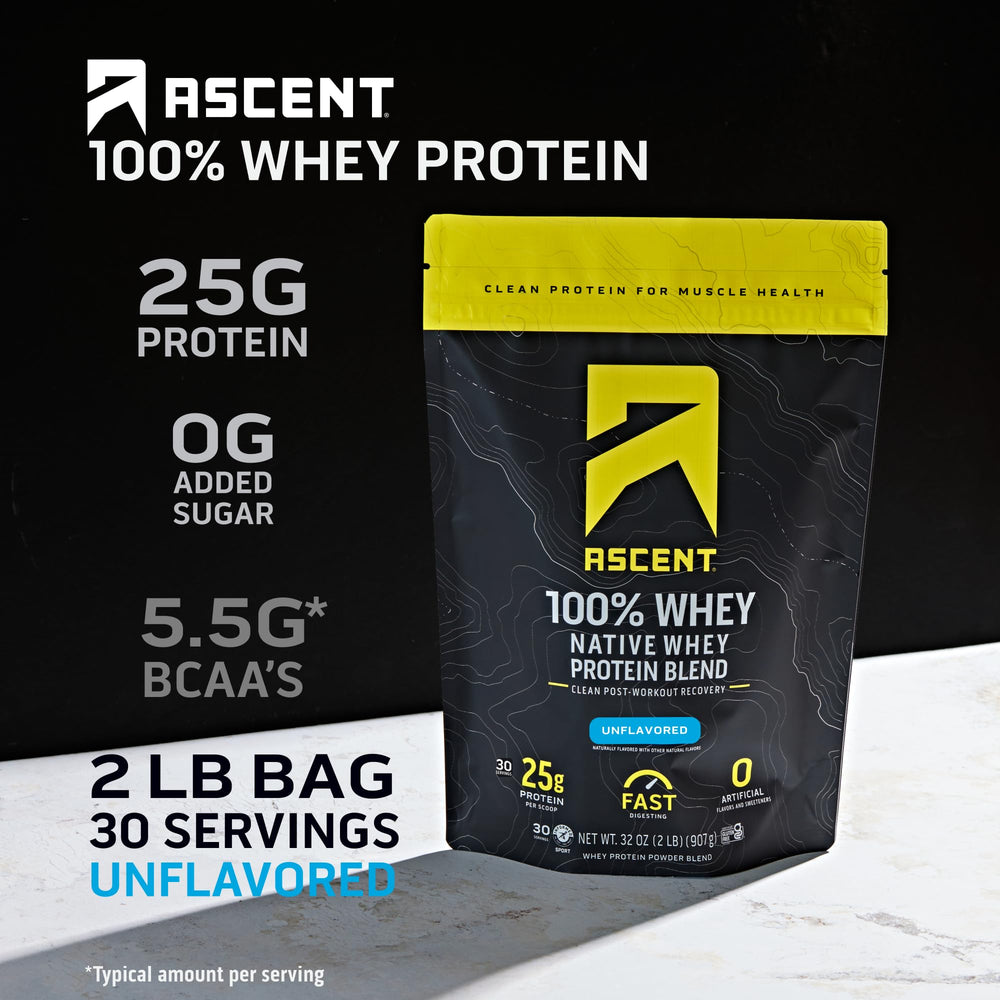 Ascent whey protein unflavored shake ready in a shaker for after training.