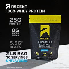 Ascent whey protein unflavored shake ready in a shaker for after training.