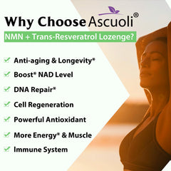 Ascuoli 3-in-1 NMN Resveratrol lozenge shows a multi-benefit formula.