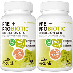Ascuoli Probiotics bottle displaying 300B CFU for daily digestive balance.