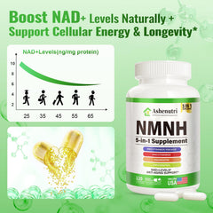 Ashenutri NMNH with niacinamide label detail for flush-free B3 support.