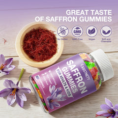 ASISTNETY saffron gummies with kid-friendly packaging in hand.