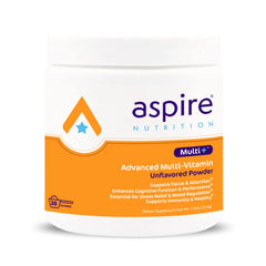 Aspire Multi+ powder tub front, premium unflavored multivitamin formula for daily wellness
