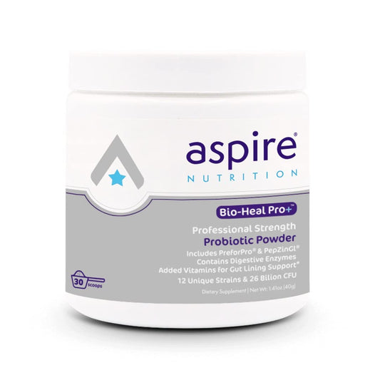Aspire Nutrition Bio-Heal Pro+ bottle showing 6-in-1 probiotic formula for daily wellness