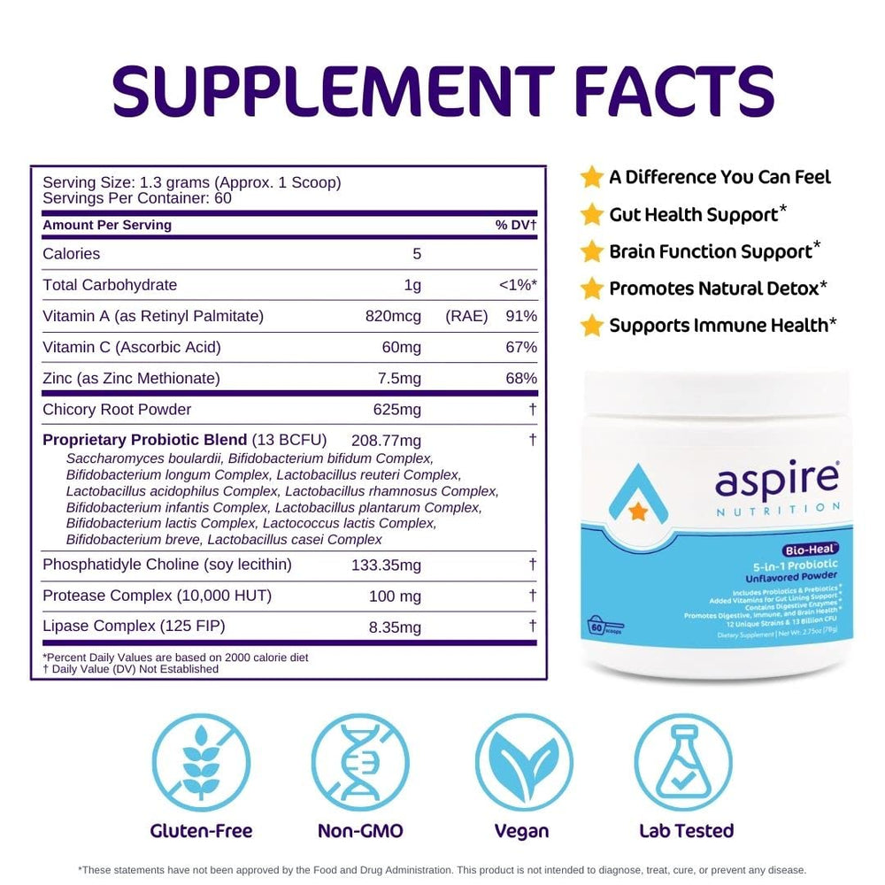 Aspire Nutrition Bio-Heal Probiotic dosing spoon makes daily mixing simple for kids and adults