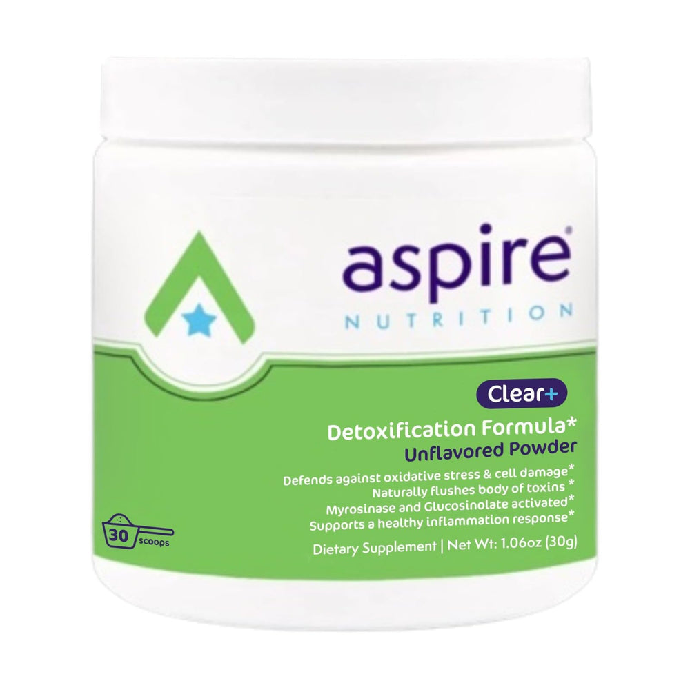 Aspire Nutrition Clear+ Detox bottle for a 30-day daily cleansing routine.