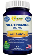 Asquared Nicotinamide CoQ10 bottle-front shows the non-flush B3 and CoQ10 blend for daily energy