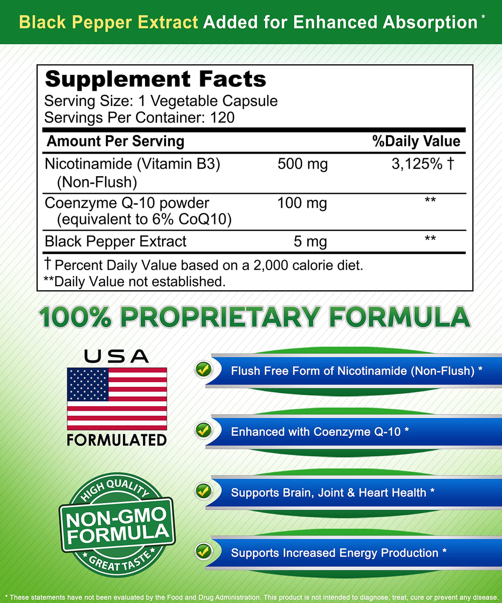Asquared Nicotinamide CoQ10 bottle-label-back reveals vegan, non-GMO composition and gluten-free formulation