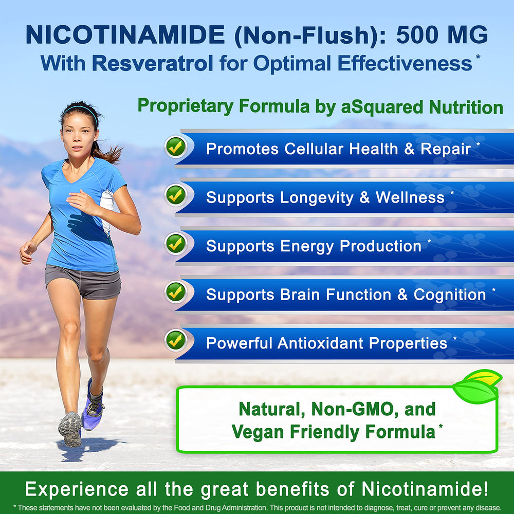 aSquared Nutrition Nicotinamide with Resveratrol benefit cards mentioning sirtuin and cellular health