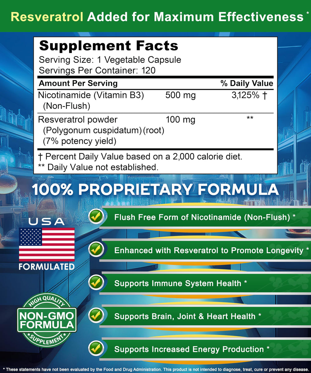 aSquared Nutrition Nicotinamide with Resveratrol ingredients label highlighting Non-Flush Niacinamide